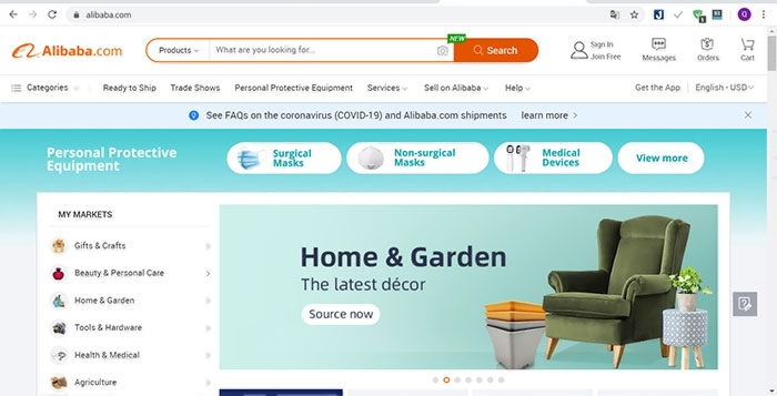 Giao diện trang web bán buôn Trung Quốc Alibaba.com