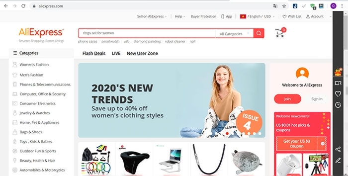 Giao diện trang web hàng Trung Quốc Aliexpress.com