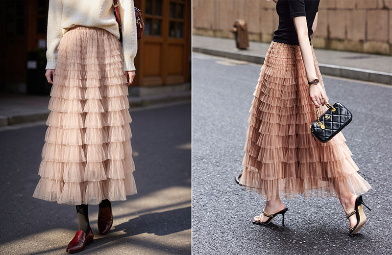 Chân váy xếp tầng dáng dài