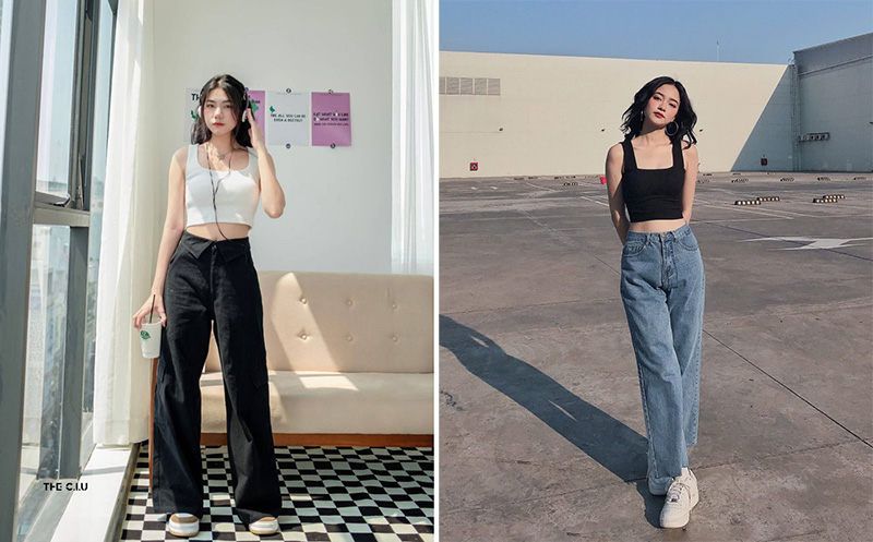 Phối quần ống rộng với áo hai dây