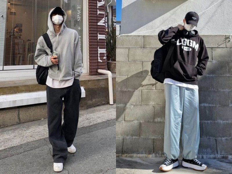 Phối quần ống rộng với áo hoodie