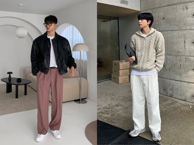 Phối quần ống rộng với áo khoác cho nam