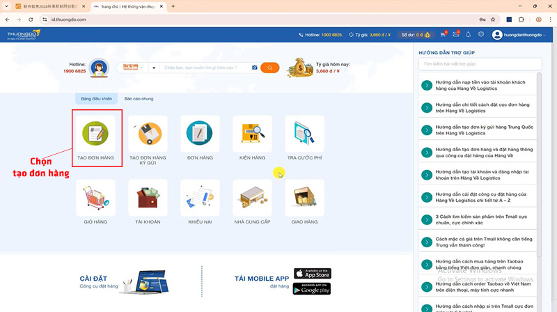 Chọn mụa "Tạo đơn order" trong hệ thống