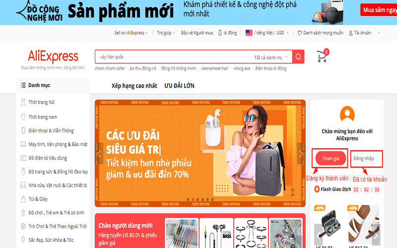 Truy cập vào Aliexpress và tiến hành đăng nhập hoặc đăng ký