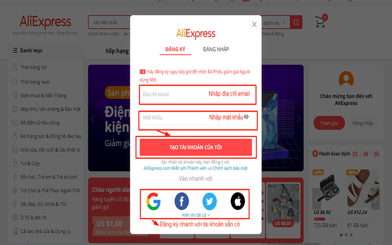 Điền địa chỉ email, mật khẩu và bấm vào tạo tài khoản