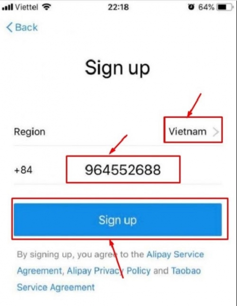 Chọn tên Quốc gia, SĐT và bấm "sign up"