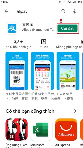 Bấm "cài đặt" để tải ứng dụng Alipay