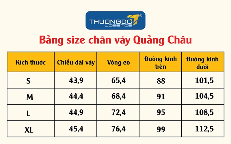 Bảng dịch size chân váy Quảng Châu sang tiếng Việt