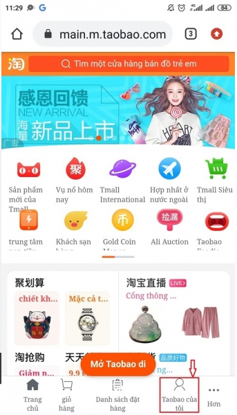 Chọn mục my Taobao (có biểu tượng hình người) và tiến hành đăng nhập