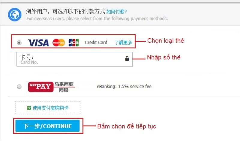 Hoặc chọn thanh toán qua thẻ visa, MasterCard