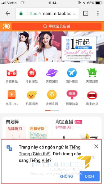 Giao diện mua hàng taobao bằng tiếng Việt trên hệ điều hành IOS