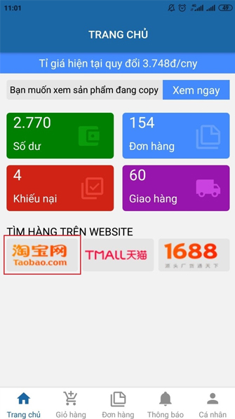 Chọn mục Taobao để tiến hành tìm kiểm sản phẩm trên Taobao
