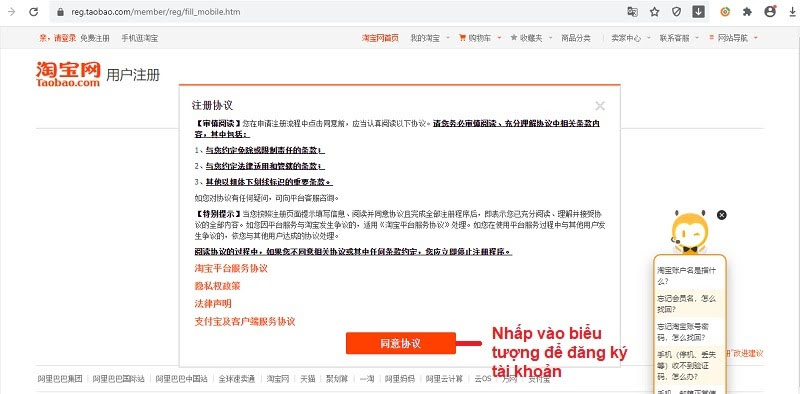 Lúc này, hệ thống sẽ hiển thị điều khoản dịch vụ của Taobao, chủ shop bấm chọn ô màu cam (chấp nhận điều khoản).