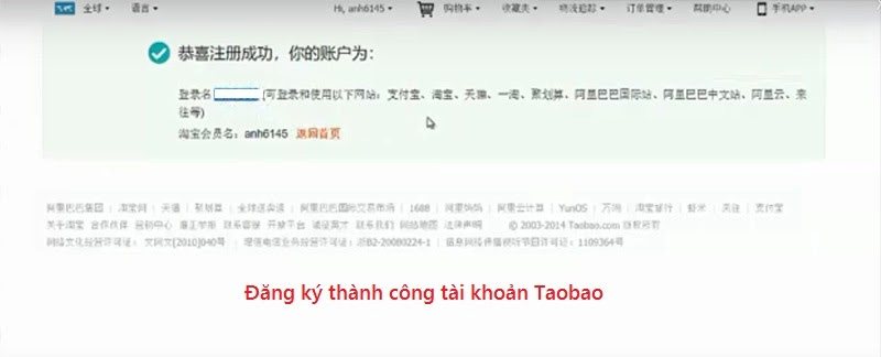 Đăng ký thành công tài khoản mua hàng Taobao