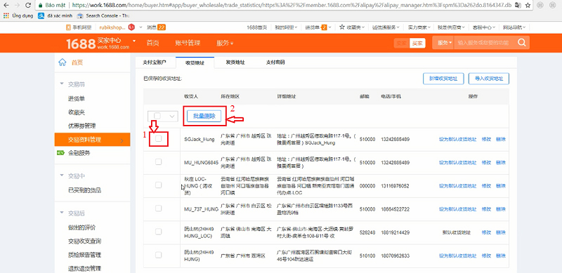 Click vào địa chỉ không sử dụng đến (1) và xóa (2) địa chỉ nhận hàng