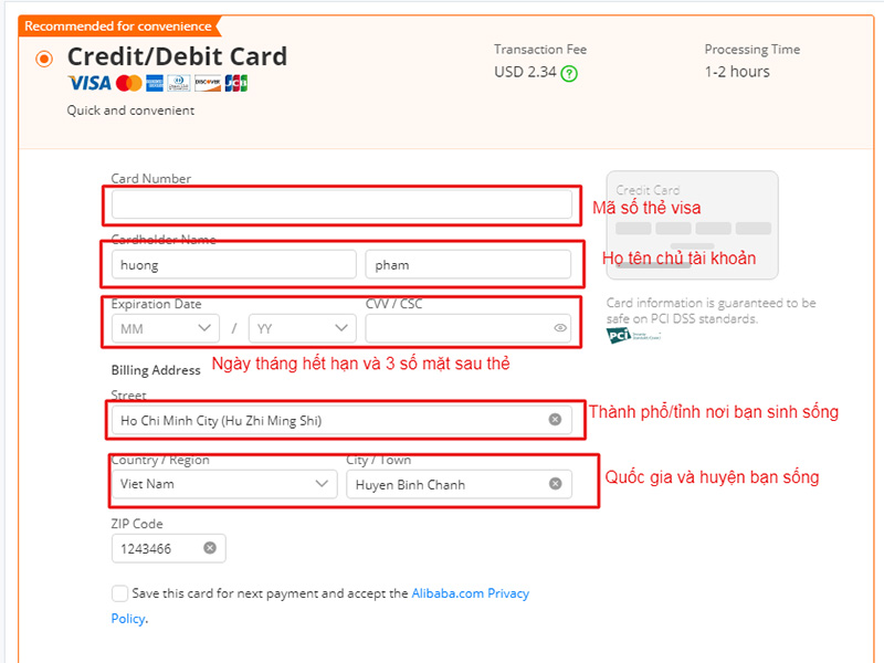 Điền thông tin trên thẻ thanh toán quốc tế Visa/MasterCard