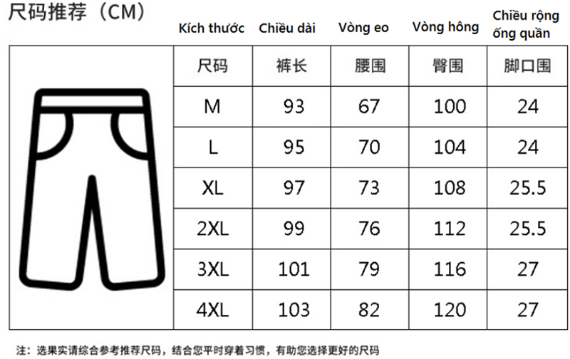 Bảng size quần nam Trung Quốc