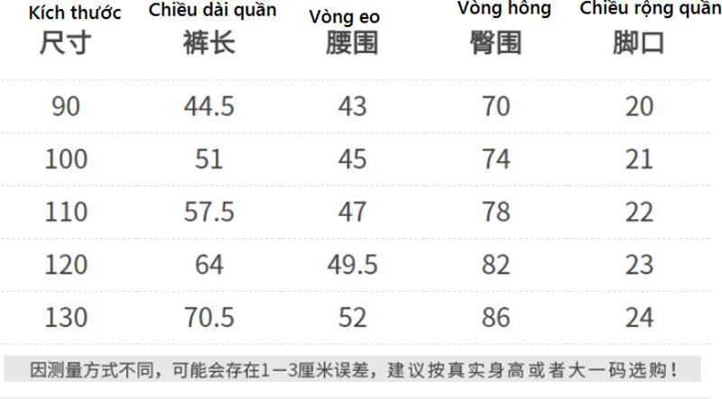 Bảng size quần áo trẻ em