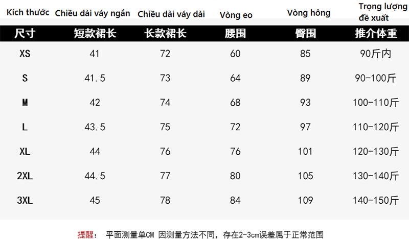 Bảng size váy Trung Quốc