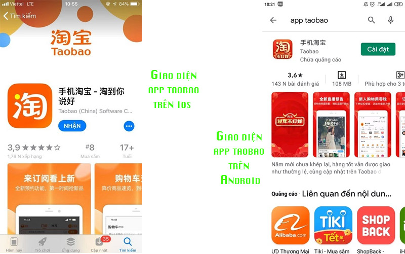 Giao diện app Taobao trên hệ điều hành IOS và Android