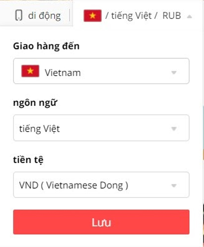 Chọn ngôn ngữ, nơi giao hàng ở Việt Nam
