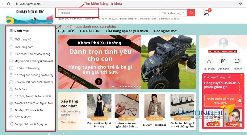 Tìm kiếm sản phẩm muốn mua trên Aliexpress