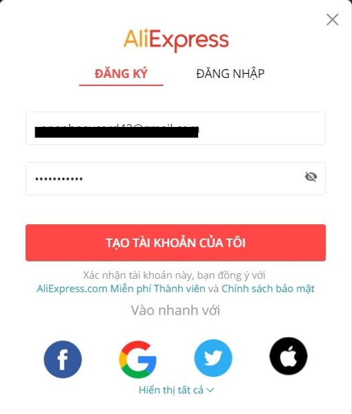 Nhập email, mật khẩu đăng ký tài khoản aliexpress