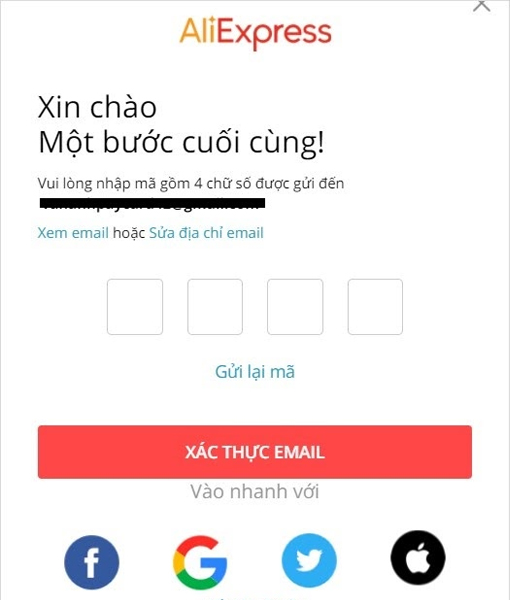 Nhập mã xác minh hoàn tất quá trình đăng ký tài khoản Aliexpress