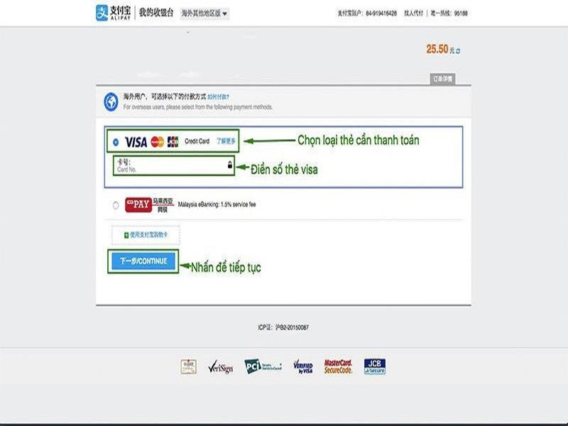 Nhập số thẻ visa mà bạn muốn dùng để thanh toán đơn đặt hàng Taobao