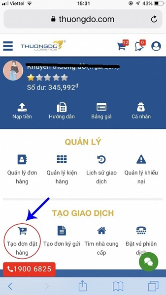 Chọn mục tạo đơn hàng để tạo đơn trên hệ thống Thương Đô