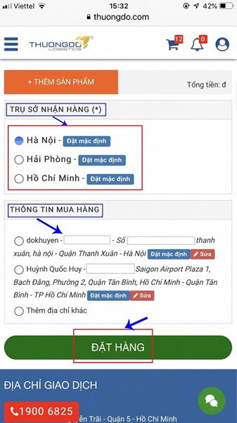 Chọn địa điểm nhận hàng và các dịch vụ kèm theo (không bắt buộc)