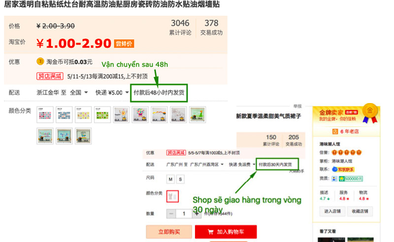 So sánh shop Taobao giao hàng ngay sau 48 tiếng và shop Taobao giao hàng sau 30 ngày
