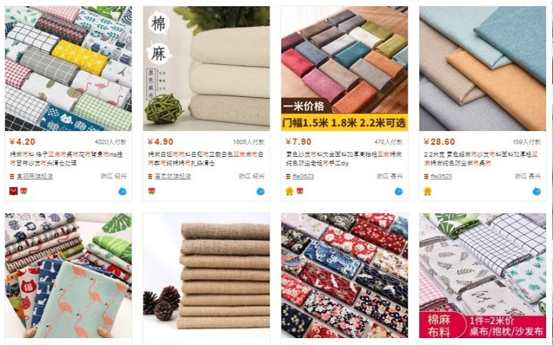 Danh sách sản phẩm vải lanh sau khi tìm kiếm trên Taobao