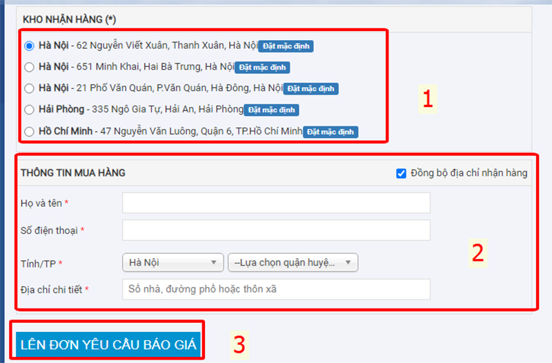 Chọn kho hàng về, nhập địa chỉ nhận hàng và lên đơn