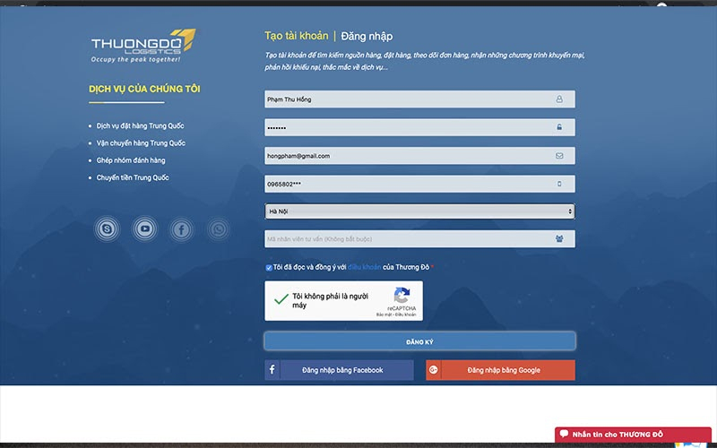 Nhập thông tin cá nhân để tạo tài khoản Thương Đô và bấm đăng ký