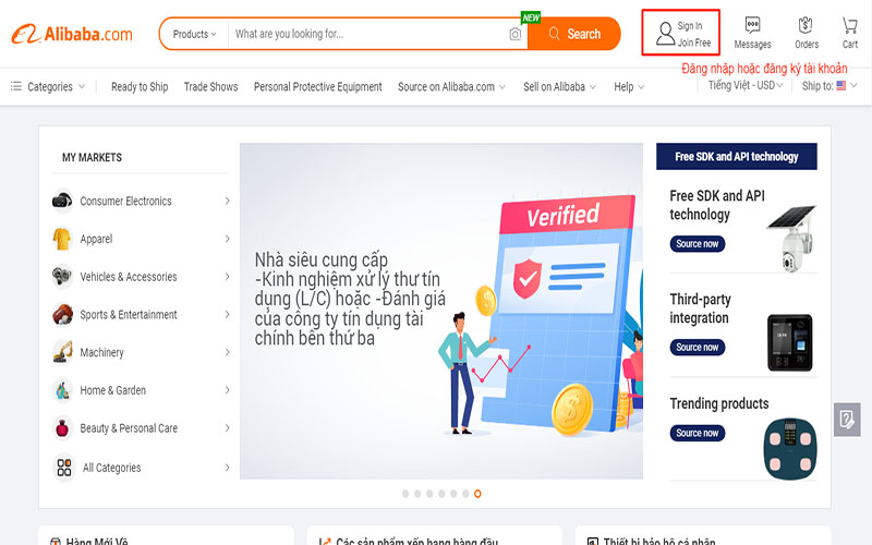 Bạn đăng nhập hoặc đăng ký tài khoản Alibaba