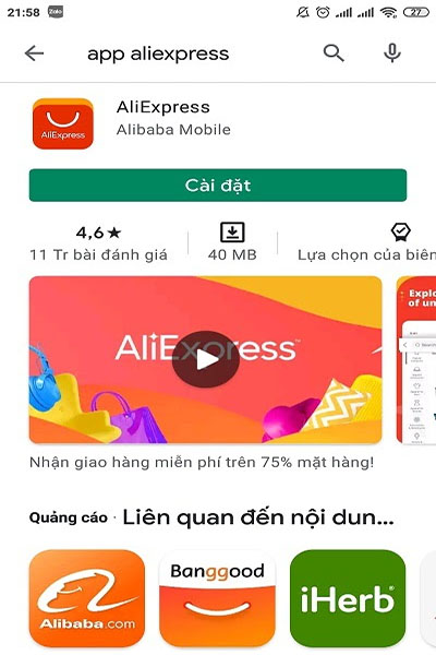 Giao diện Aliexpress trên Android