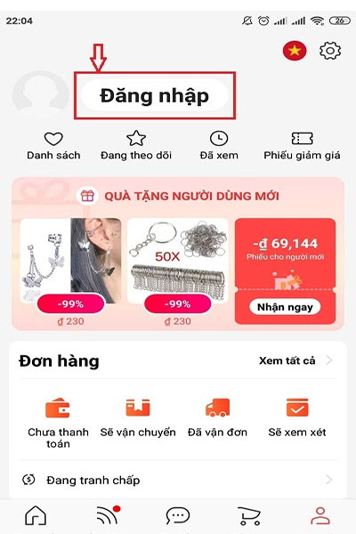 Chọn nút đăng nhập tài khoản