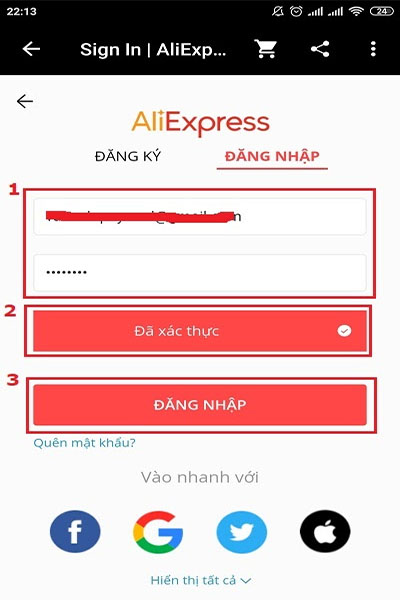 Nhập email đăng ký, mật khẩu để truy cập vào app Aliexpress.