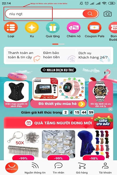 Tìm kiếm sản phẩm bằng thanh công cụ trên Aliexpress