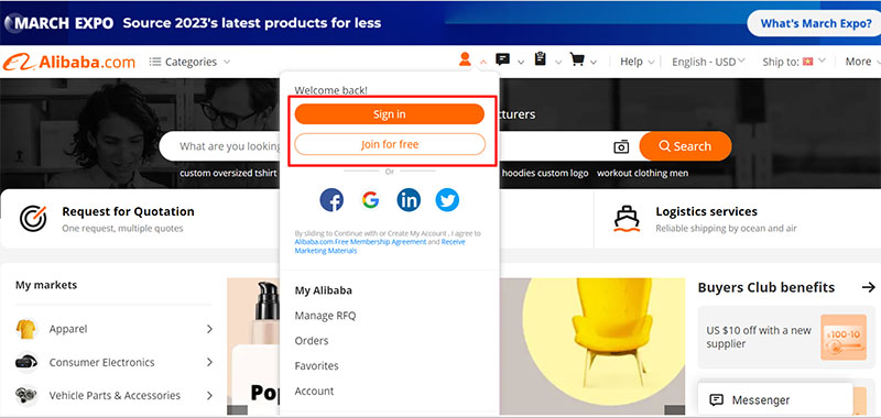  Bạn đăng nhập hoặc đăng ký tài khoản Alibaba