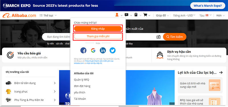  Bạn bấm “Join Free” hoặc “Đăng ký miễn phí” để tạo tài khoản Alibaba
