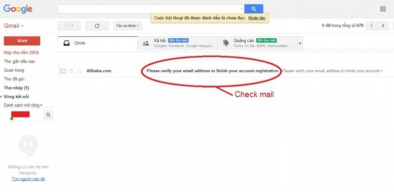  Xác nhận tài khoản Alibaba bằng email đã đăng ký với hệ thống