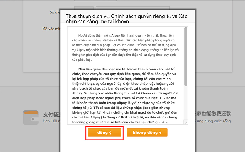 Chọn mục “đồng ý” để chấp nhận điều khoản sử dụng của hệ thống