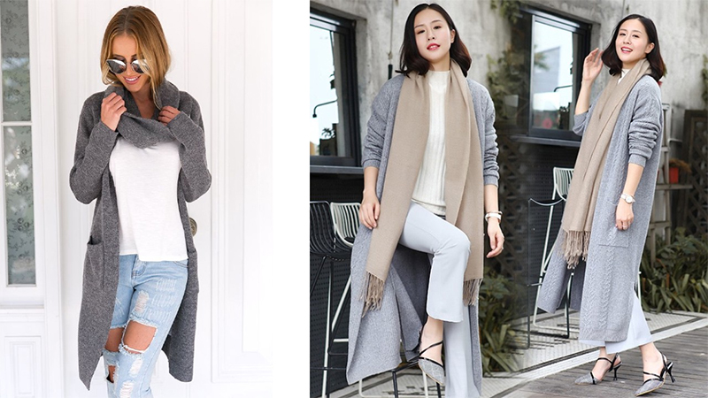  Mặc áo cardigan kiểu layering nhiều lớp kết hợp khăn quàng