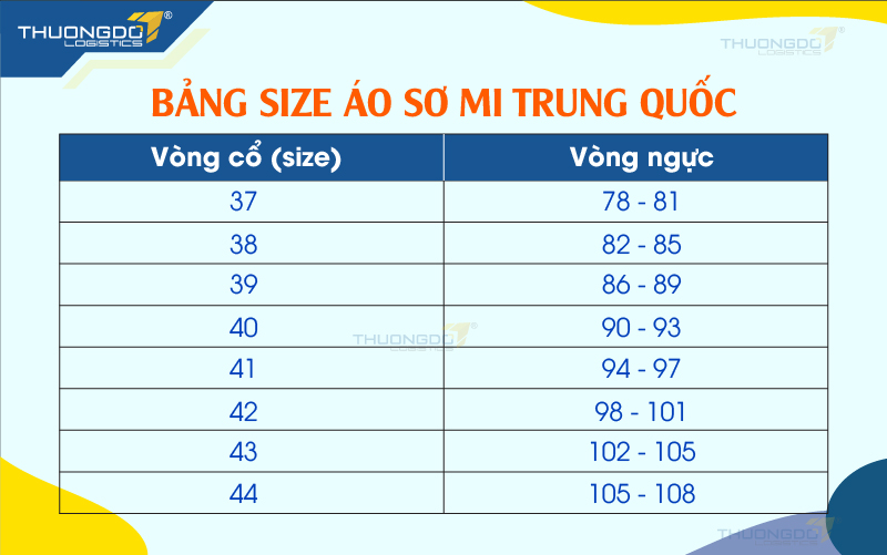  Bảng size áo sơ mi nam Trung Quốc