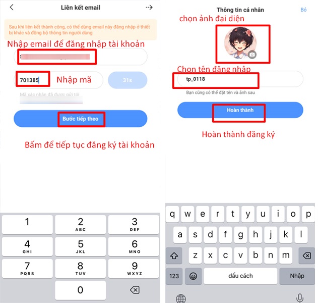  Nhập email, mã xác nhận sau đó thay đổi thông tin là hoàn tất đăng ký