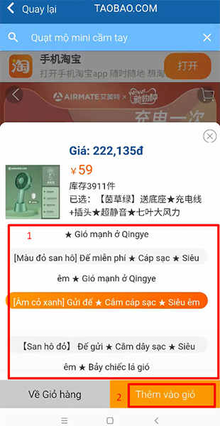  Bạn chọn thuộc tính của sản phẩm và tiếp tục bấm “Thêm vào giỏ”