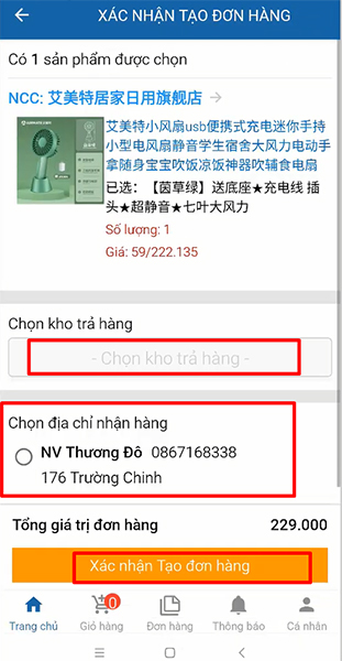  Bạn chọn kho, nơi nhận và xác nhận tạo đơn