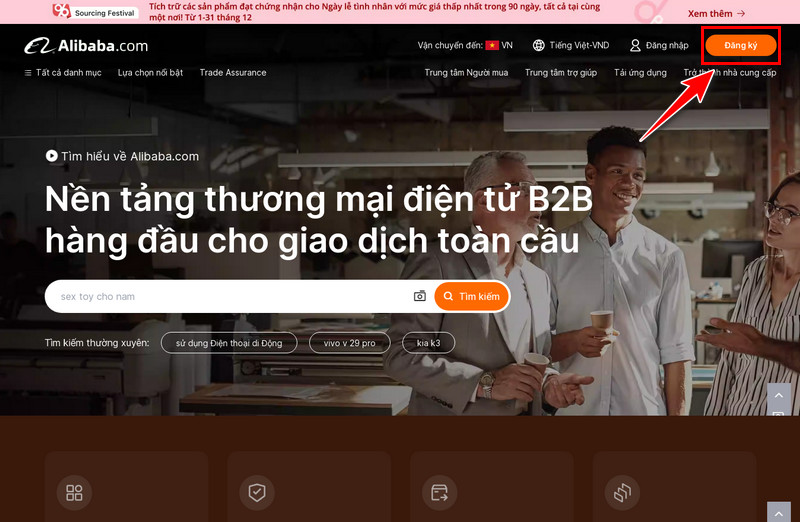 Vào trang bán hàng alibaba để đăng ký tài khoản